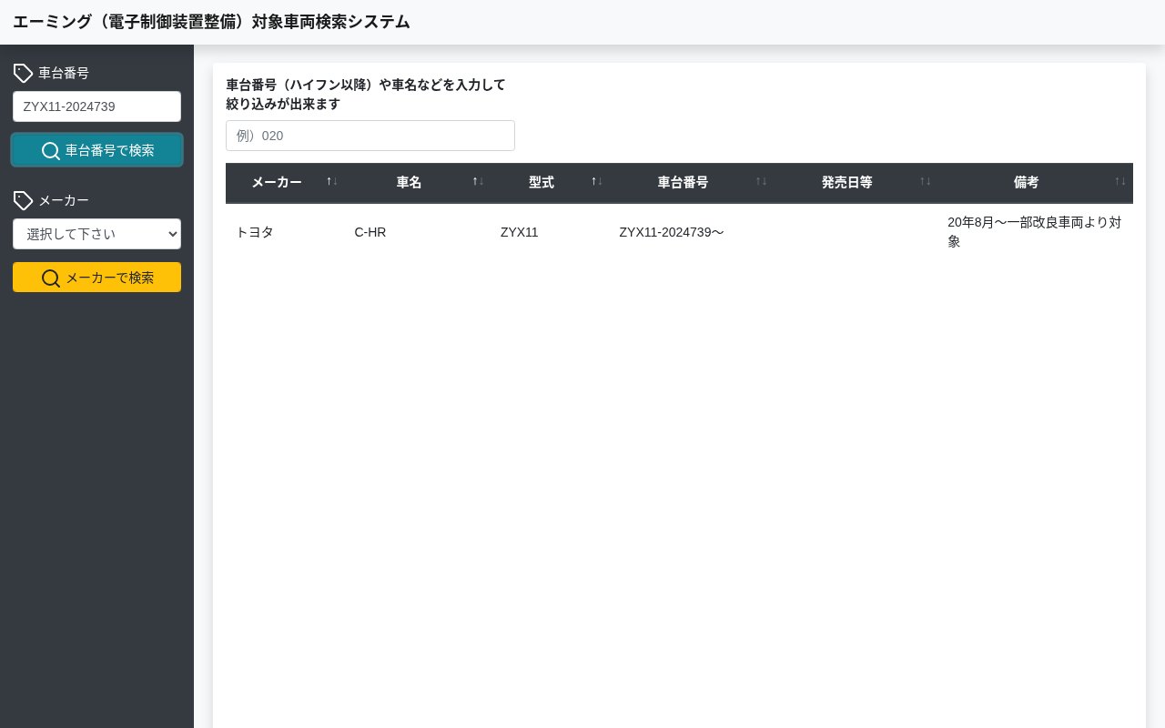 車台番号ZYX11-2024739で検索した結果。トヨタC-HR型式ZYX11が表示されている